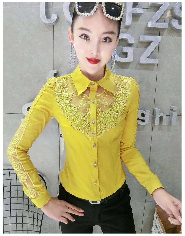 Dingaozlz элегантная кружевная женская блузка с вышивкой, белая рубашка, тонкая женская блузка с вышивкой - Цвет: yellow