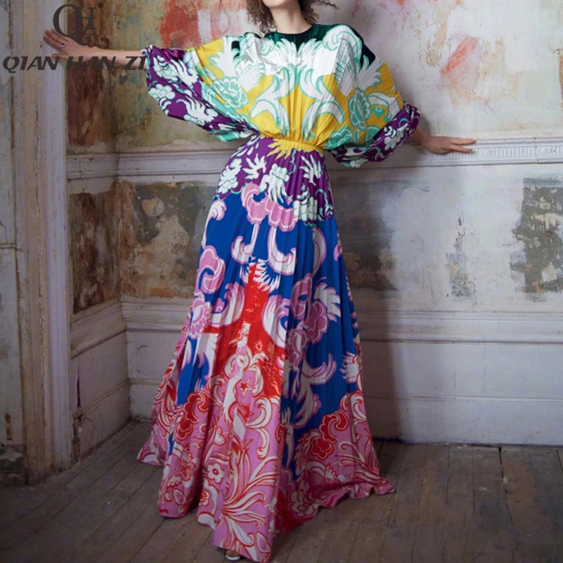 Top Buy bhlS1 Qian Han Zi 2019 Brand Autumn Designer Runway Fashion Maxi Gown Women's Long Sleeve Vintage Print Pleated Long Beach Dress