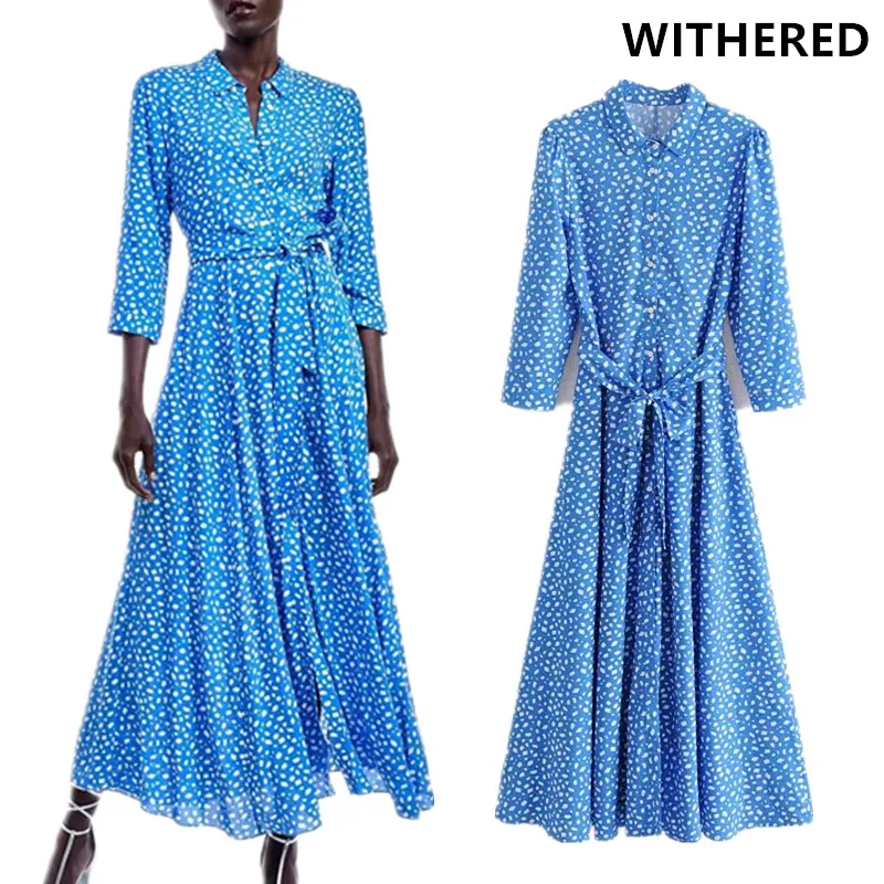 

Withered autumn england style polka dot blue party dress women vestidos long shirt sashes vestidos de fiesta de noche maxi dress