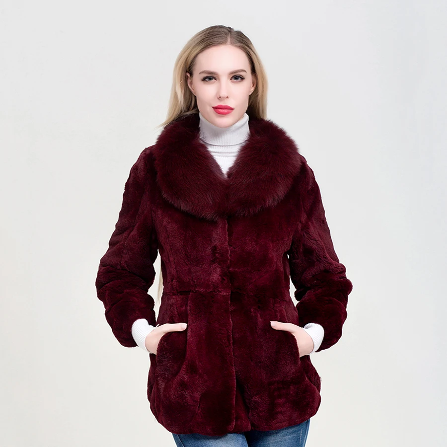 ZDFURS* Роскошный большой подлинный Полный Пелт кролика рекс шуба с натуральный Лисий мех воротник настроить плюс размер пальто - Цвет: wine