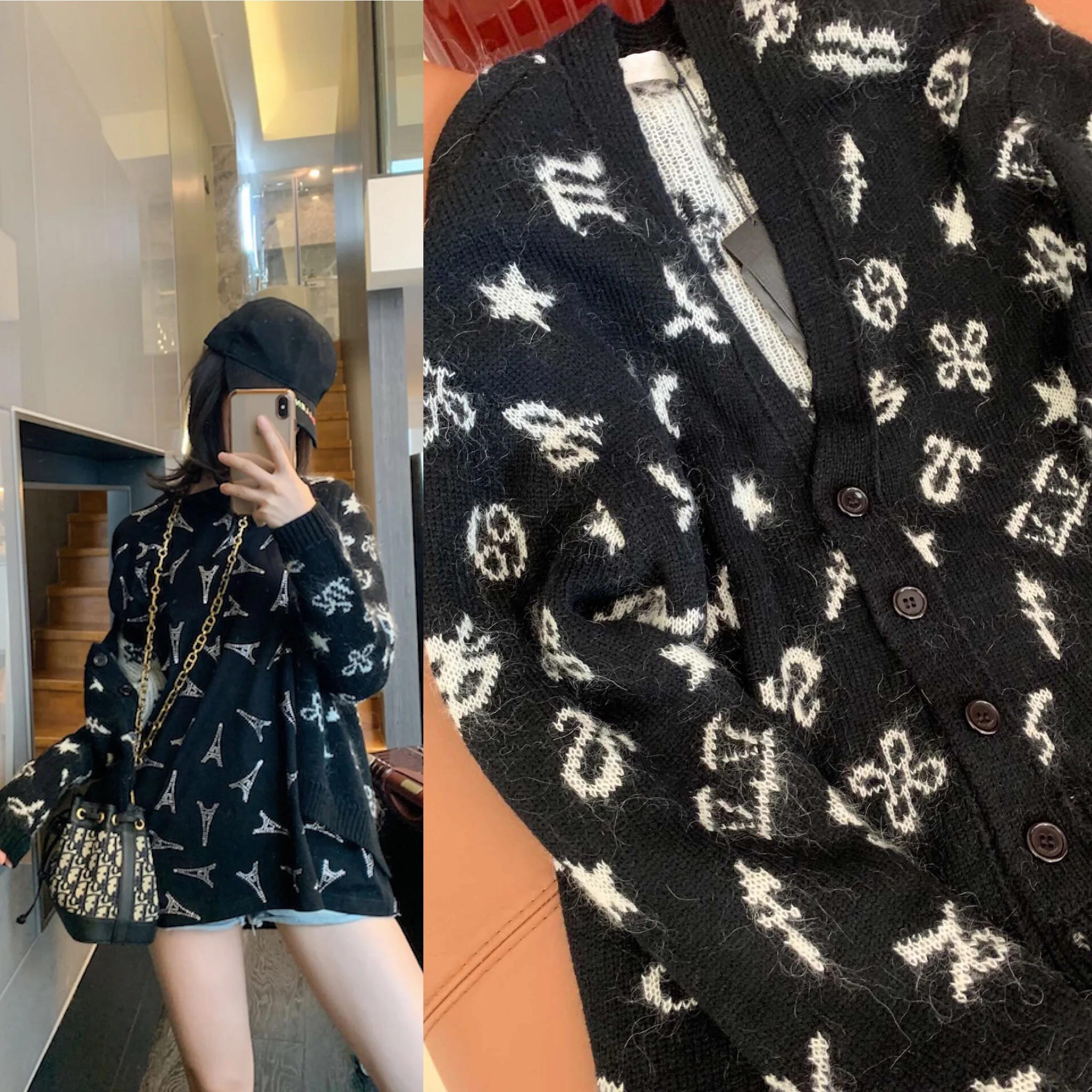 2019 New Arrivals Casual Clothes Women Fashion Single Breasted Buttons Black Cardigan Autumn Print Knitted Wool Sweater |
