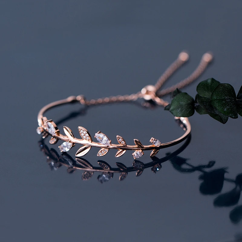 100% Real Solid 925 Sterling Silver Jewelry Leaves Cubic Zirconia Adjustable Bangle Bracelet For Women Girls Gift | Украшения и