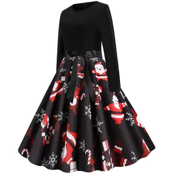 

Women Black Elegant Vintage Christmas Dress Casual Long Sleeve Autumn Winter A-line Print Party Pin up Dress Vestidos Plus Size