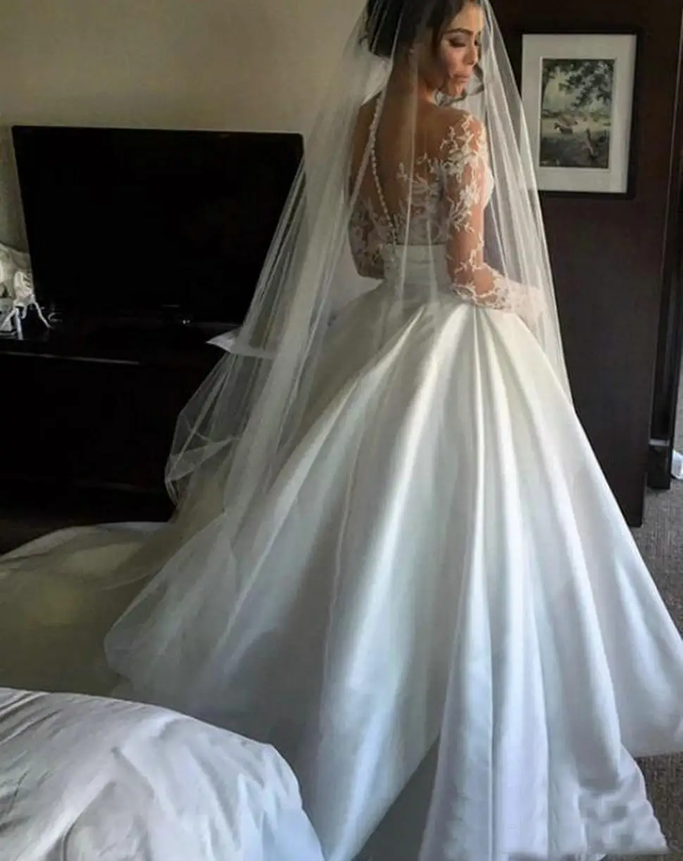Изящное Белое Атласное свадебное платье с длинными рукавами Кружевная аппликация Иллюзия сзади молния Свадебные платья на заказ красивые свадебные платья