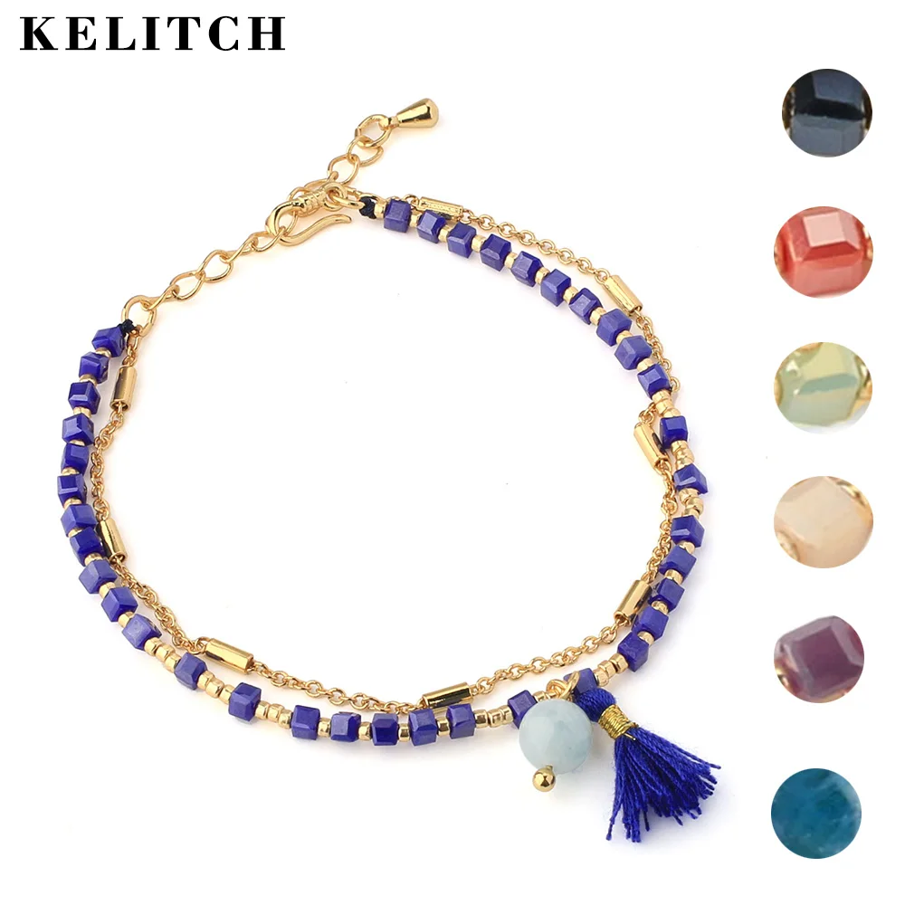 

KELITCH Charm Tassel Strand Link Bracelets Colorful Crystal Beaded String Cuff Bracelets Bangles Friendship Fashion Jewelry