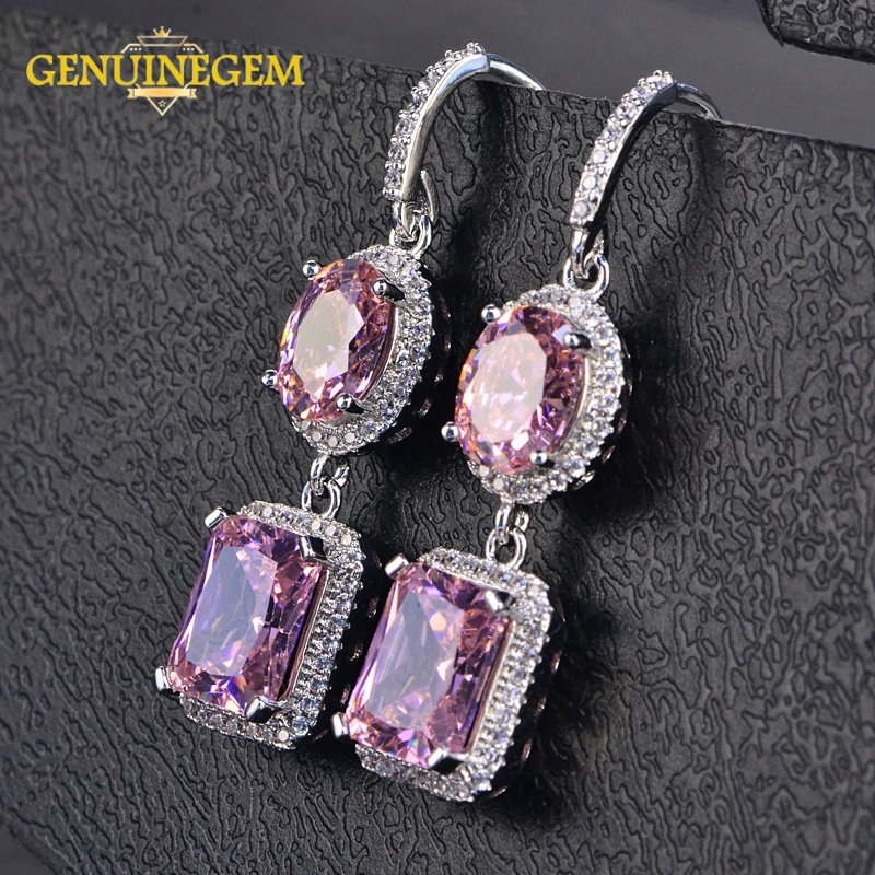 GENUINEGEM Silver Drop Earrings For Women 925 Sterling Silver Pink Quartz Crystal Dangle Earrings Fashion Valentine's Day Gifts