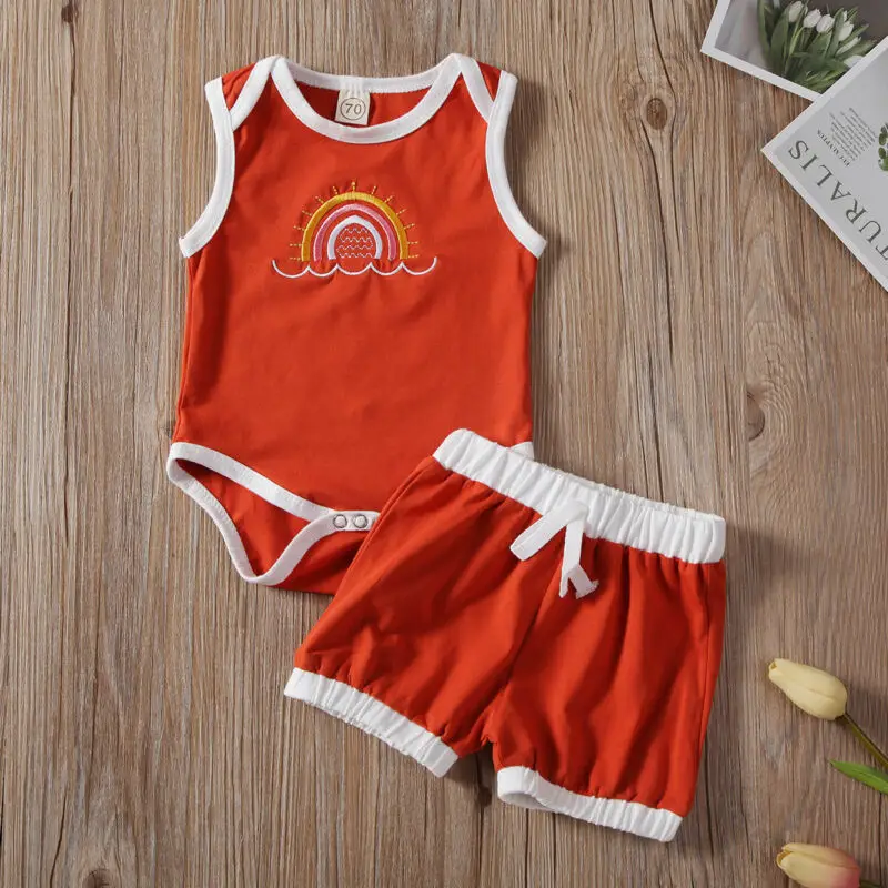 Newborn Baby Girl Boy Embroidery Rainbow Clothes Sleeveless Top Orange