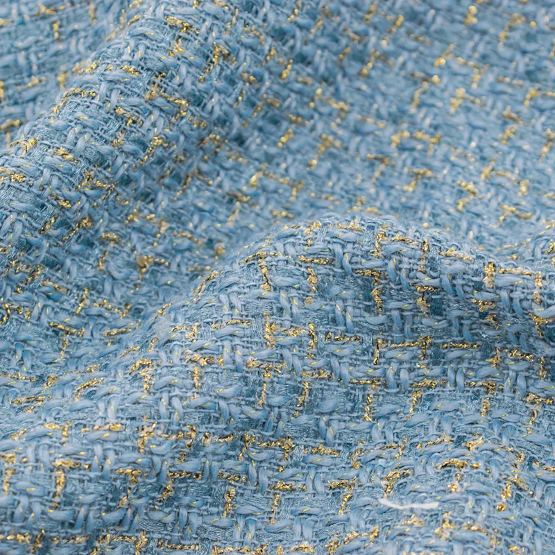 Blue Gold Wire Plaid Weave Tweed Fabric For Coat Skirt Tissus Au Mètre Telas Por Metro Tкань для шитья Tissu Sewing Tela Tecido