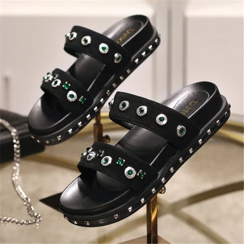

Slippers Platform Women Summer Shoes Crystal Wedges Beach Shoes Flat Ladies Shoes 2019 New Outdoor Slides Black Fashion Shoes