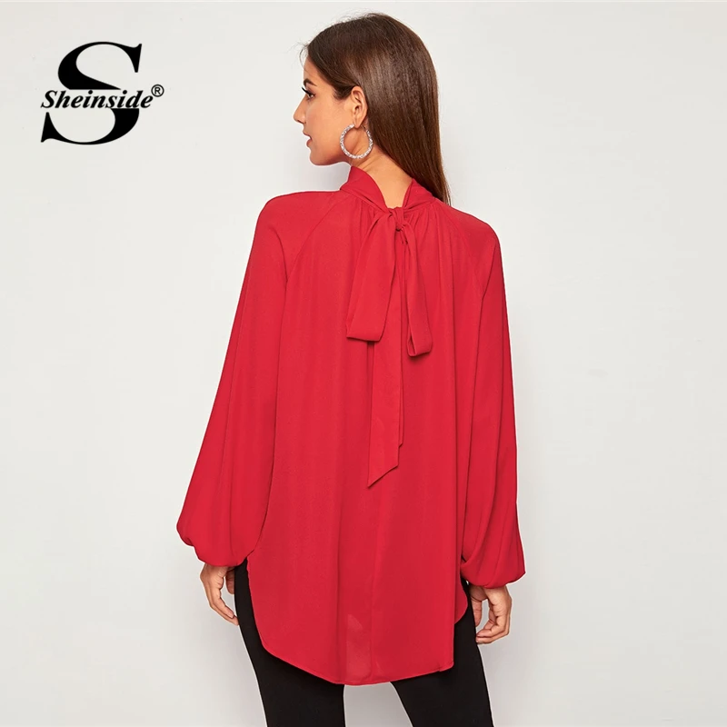 Baratos Blusa elegante de chifón de manga raglán con cuello de lazo para mujer 2020 blusas de manga de linterna de muelle para mujer