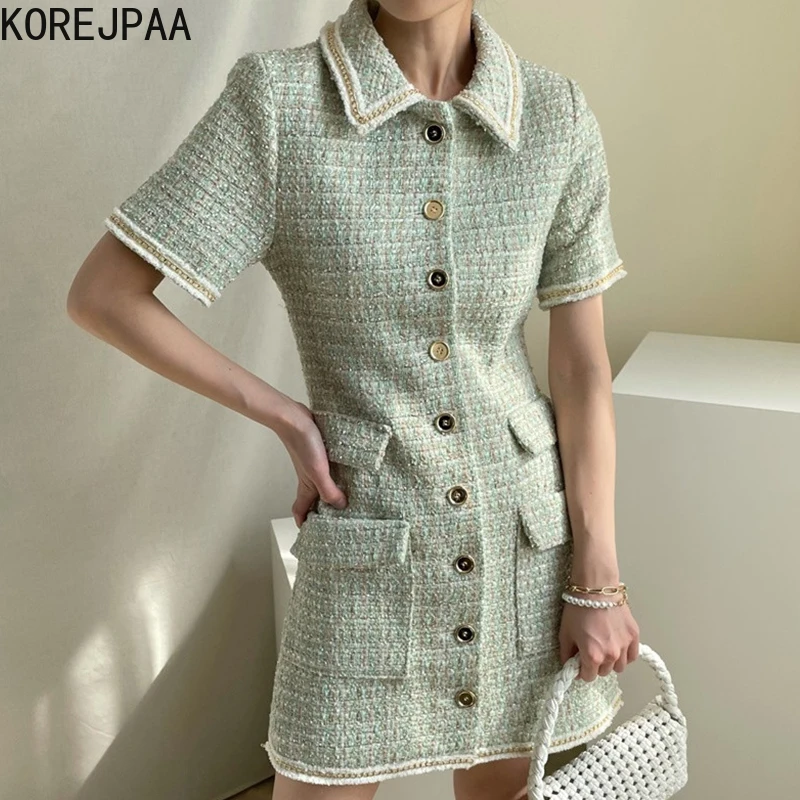 Korejpaa de mujer-Vestido de manga corta a rayas de Tweed, elegante vestido coreano de verano 2021