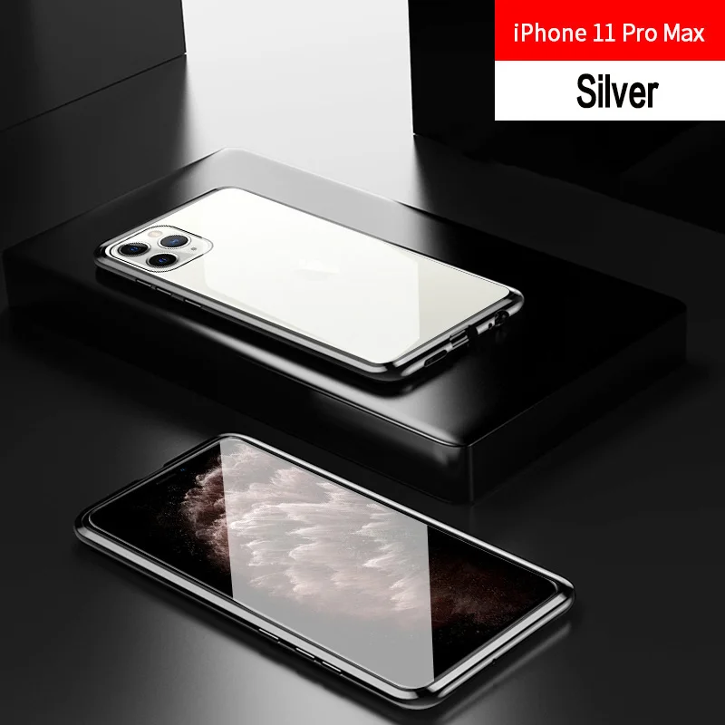 Серебристый Магнитный чехол для iPhone 11 X Xr Xs Max 6 6s 7 8 Plus, противоударный чехол для iPhone 11 Pro Max, задняя крышка из закаленного стекла - Цвет: Серебристый