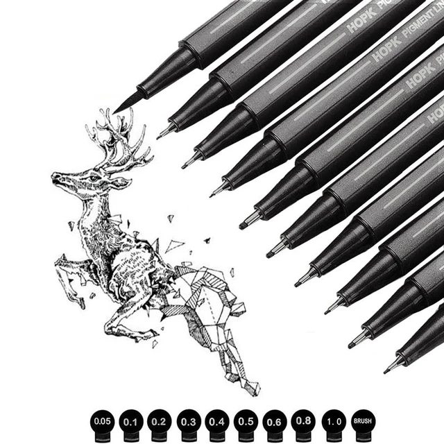 10Pcs/set Pigment Liner Micron Ink Marker Pen 0.05 0.1 0.2 0.3 0.4 0.5 Brush Tip Black Fineliner Sketching Manga Drawing Pen 10 mixed pen tips