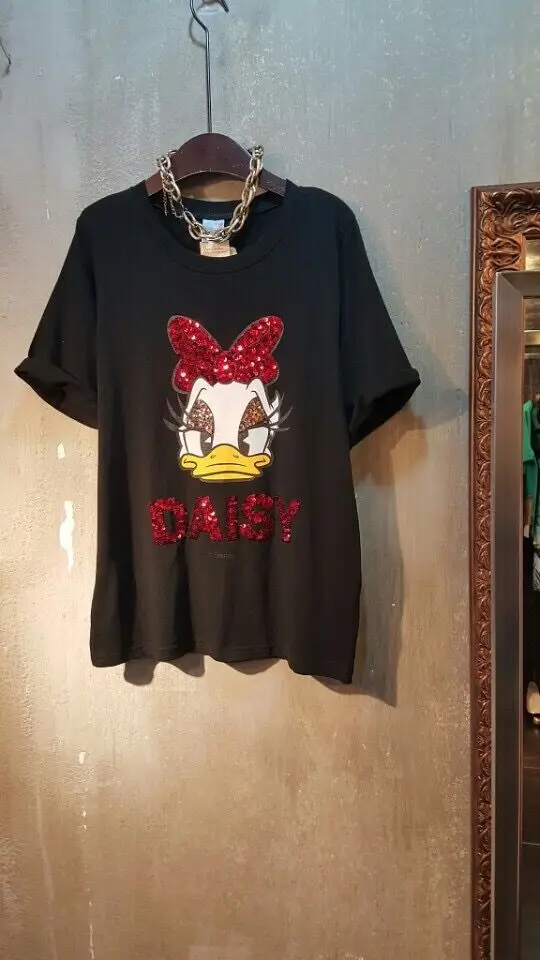 Летняя футболка с рисунком Дональда Дака, маргаритки, с блестками, женские свободные футболки с коротким рукавом, футболки с бисером, о-образный вырез, хлопковые рубашки, топы