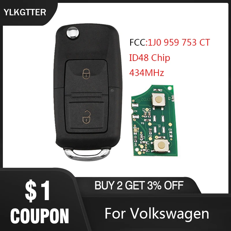 YLKGTTER 434MHz 1J0 959 753 CT дистанционный ключ для VW/Volkswagen Bora Polo Golf 4 MK4 Transporter с ID48 чипом HU66