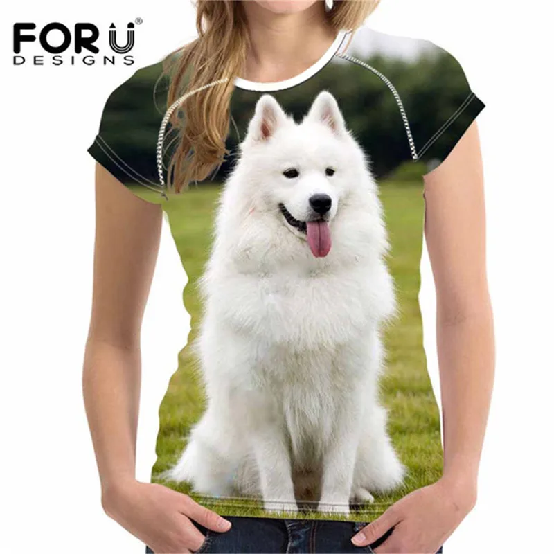 FORUDESIGNS Kawaii Samoyed щенок печатная Футболка для женщин Летняя женская футболка с