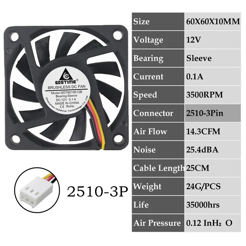2 шт. Gdstime 2Pin DC 5 в 12 В 24 в 24 вольт 6 см 60x60x10 мм 60 мм двойной шариковый подшипник Бесщеточный вентилятор охлаждения 60 мм x 10 мм кулер - Цвет лезвия: 0.1A6010S12V2510-3P