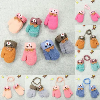 

New 0-3 Y Cute Cartoon Fox Baby Gloves Winter Wool Plus Thick Full Rope Finger Mittens Warm Knitted Gloves for Kids Boys Girls