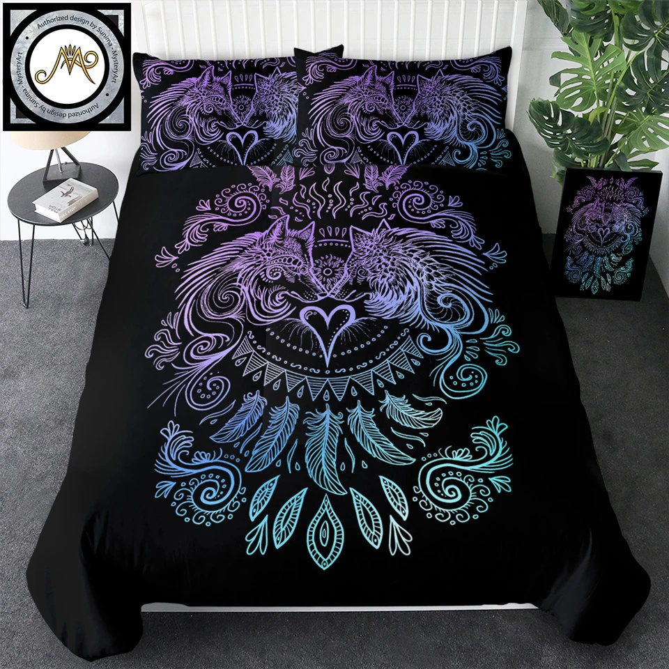 Wolf Heart Parure De Lit Noire Pour Couple Ensemble De Literie Housse De Couette Plumes Style Boho Bleu Et Violet 3 Pieces Aliexpress