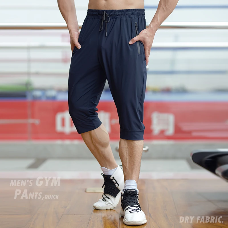 Men Running Cropped Pants Ice silk Summer Ice silk Quick Dry Training Fitness Zip Pocket Joggings Pant Male Gym 3/4 Sweatpants 3