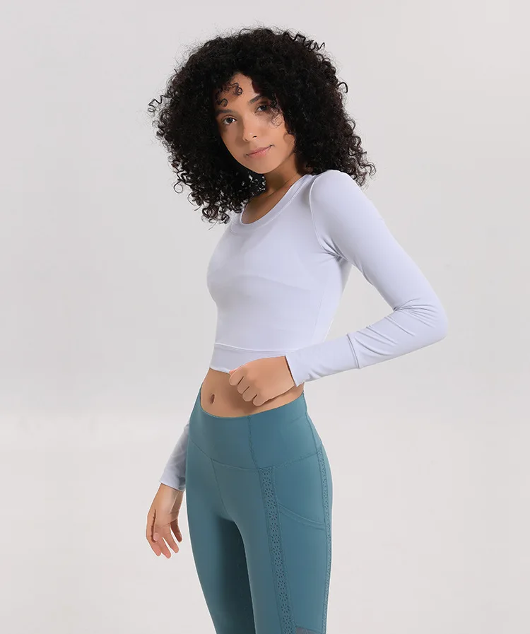 Women Back Open Workout Sportswear Long Sleeve Shirts Joggers Slim Fit O-neck Yoga Fitness Crop Tops Training Gym Activewear