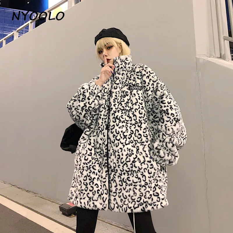 NYOOLO Harajuku уличный стиль леопардовые утолщенные теплые куртки осень-зима свободные длинные рукава на молнии куртка женская Свободная верхняя одежда