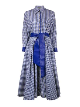 

Spring 2020 Women Clothes Elegant Plus Size Plaid Long Sleeve Belted Shirt Maxi Dresses Casual Blue Office Long Work Dress Lady