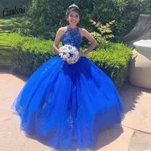 Королевский синий o-образным вырезом открытая спина бальное платье бальные платья без рукавов Бисероплетение Кристаллы сладкий 16 для дебютантки на Выпускной платья