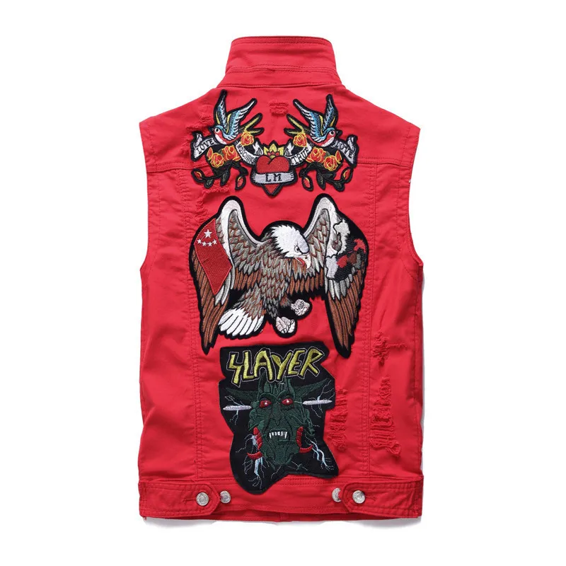 

Mens Vests 2020 Summer Korean Fashion Slim Fit Sleeveless Male Waistcoats Embroidery Floral Turn-Down Collar Cowboy Red Vest Man