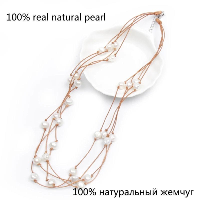 

Nice quality 55cm 4 row genuine leather women necklace natuarl white baroque pearl fresh water solid 925 silver clasp