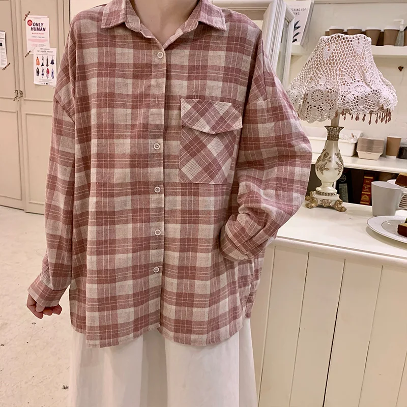 

Spring And Autumn New Women'S Shirt College Style Lapel Plaid Blouse Women Loose Long-Sleeved Street Retro Women'S Blouse