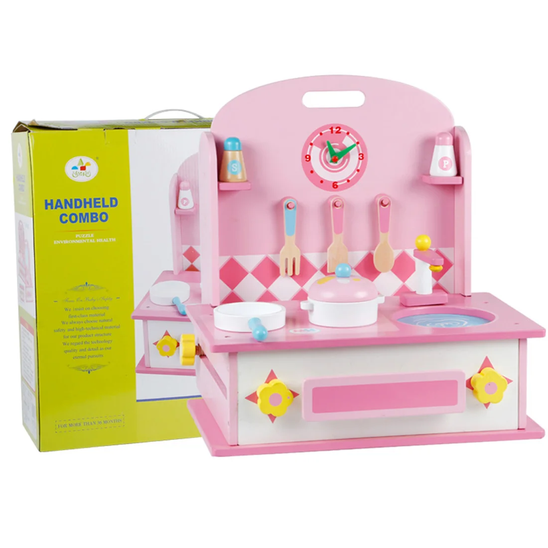  14Pcs 2-in-1 Children Pretend Play Wooden Dressing Table Kitchen Counter Playset Educational Make U - 4000277416733