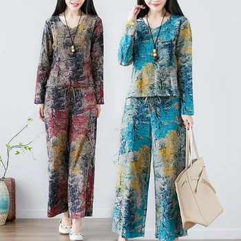 

Real shot 2020 autumn cotton hemp printing two piece set of national style retro slim Wide Leg Pants Set long sleeve + Pants Set