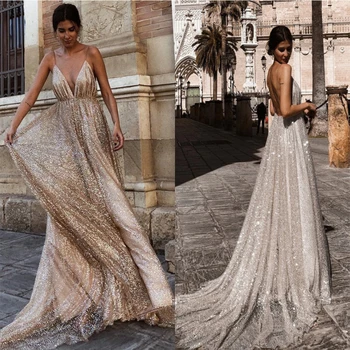 

2020 NEW Sexy Deep V-Neck Strap Dress Women's Summer Sequined Lace Backless Dress Fashion Elegant Party Dress