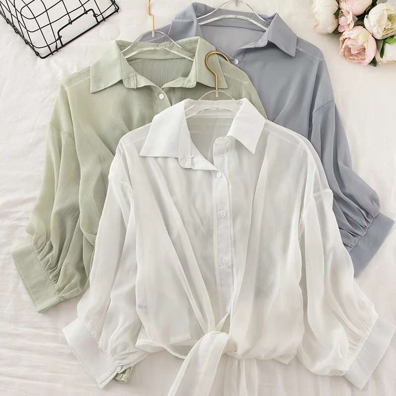 Летние шифоновые рубашки с рукавами фонариками женские повседневные Элегантные