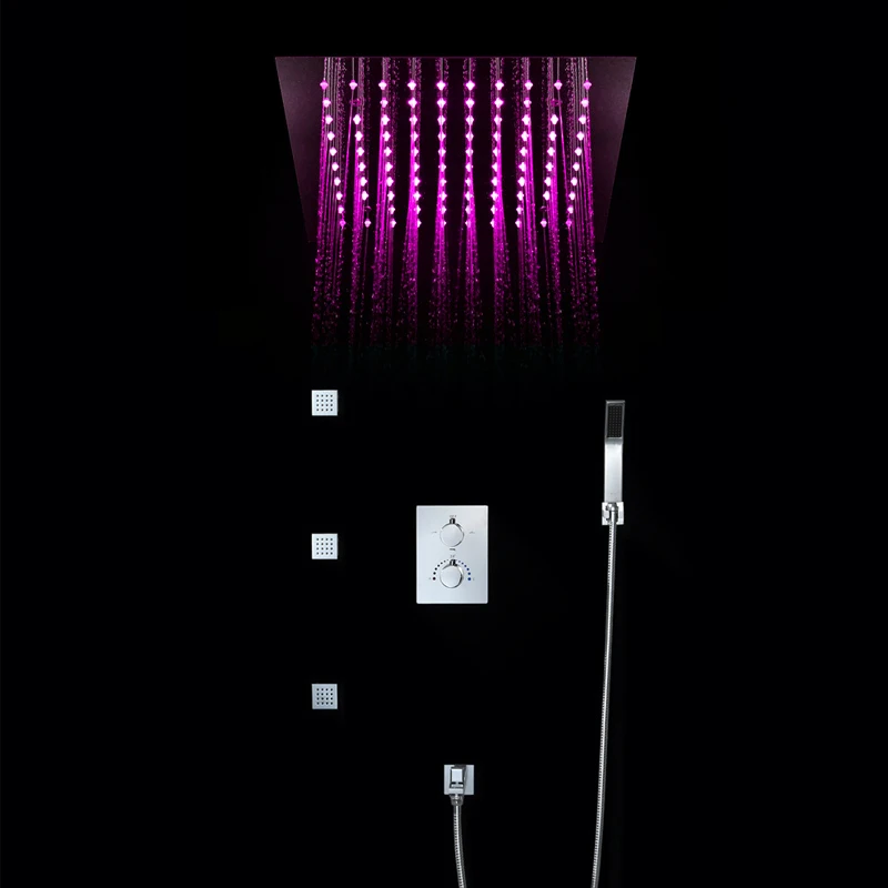 

Ceiling Mounted 64 Color LED Rainfall Shower Heads 4 Functions Brushed Shower Faucets Set Water Power Light Bathroom Rain Shower