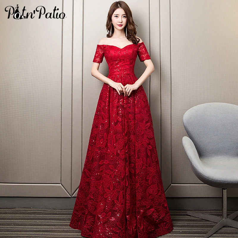 

Elegant Boat Neck Off The Shoulder Plus Size Evening Dresses Long Wine Red Sequined Lace Prom Dresses 2020