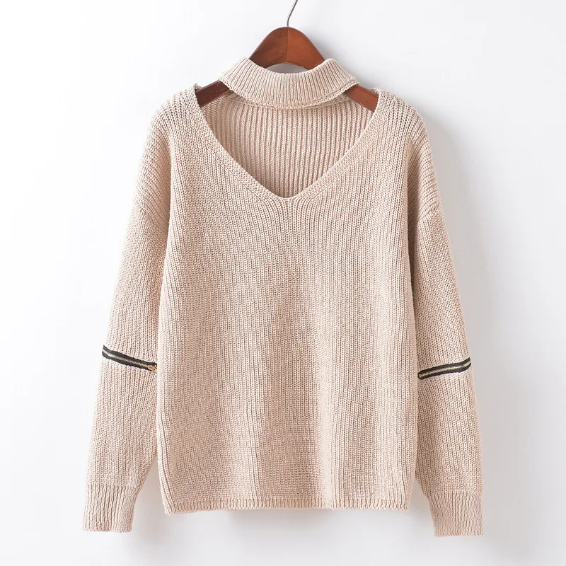 New Personality Sexy Women Sweater V-neck Zip Necklace Caramel Clothes Lady Female Tricot Bottom Tops Knitwear Chaqueta Topi | Женская