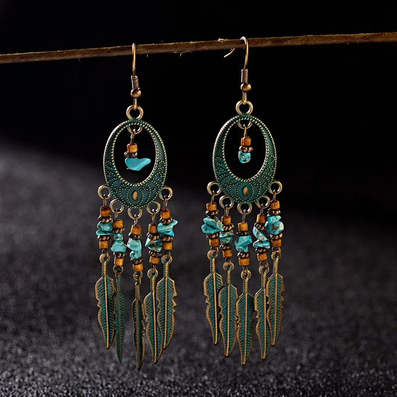 

TopHanqi Indian Gypsy Jewelry Boho Ethnic Bronze Leaf Shaped Wood Beads Natural Blue Stone Geometric Tassel Drop Earrings Women