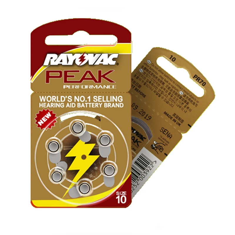 Батареи для слухового аппарата 30 шт/5 карт RAYOVAC PEAK-A10/PR70/10 цинк воздушный аккумулятор 1,45 в размер диаметр 5,8 мм толщина 3,6 мм