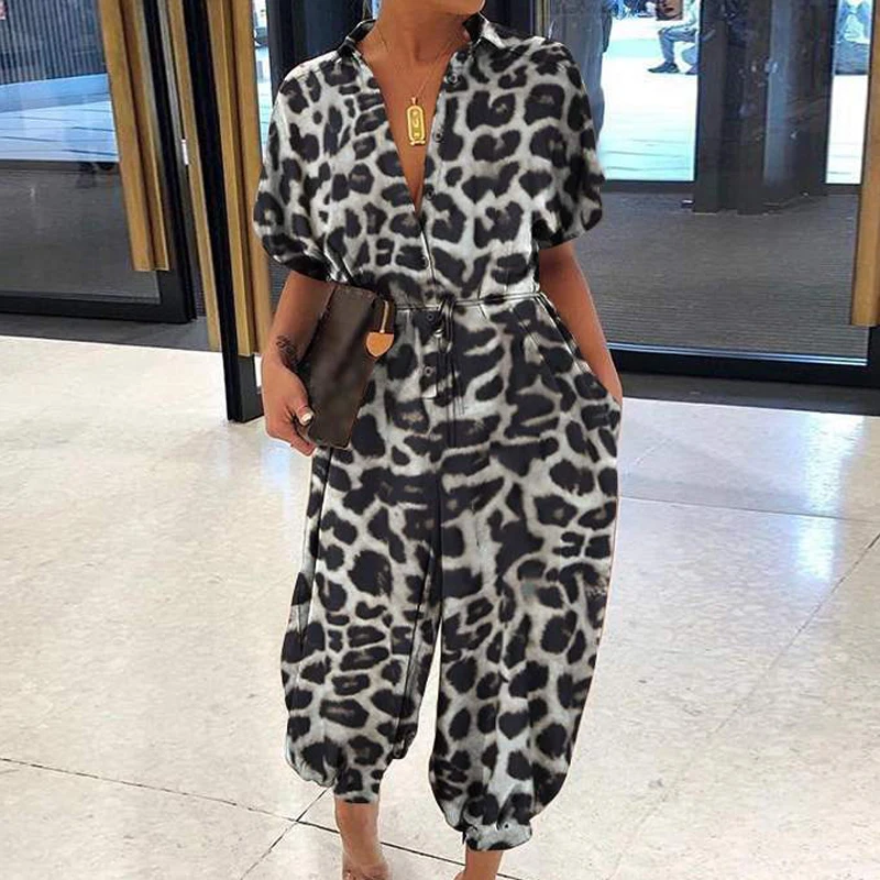 Women Retro Leopard Print Button Jumpsuit Summer V Neck Short Sleeve Playsuit Elegant Office Lady Rompers Beach Overalls Pockets