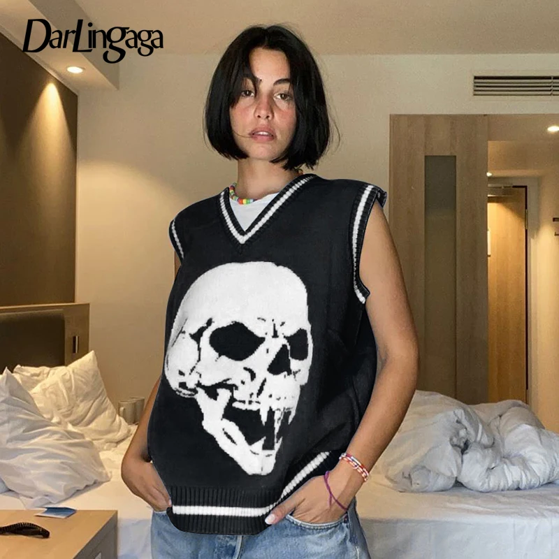 Darlingaga Gothic Skull Print Sweaters Fashion Autumn Winter Women Pullover V Neck Knitted Sweater Vest Vintage Jumpers Tops | Женская