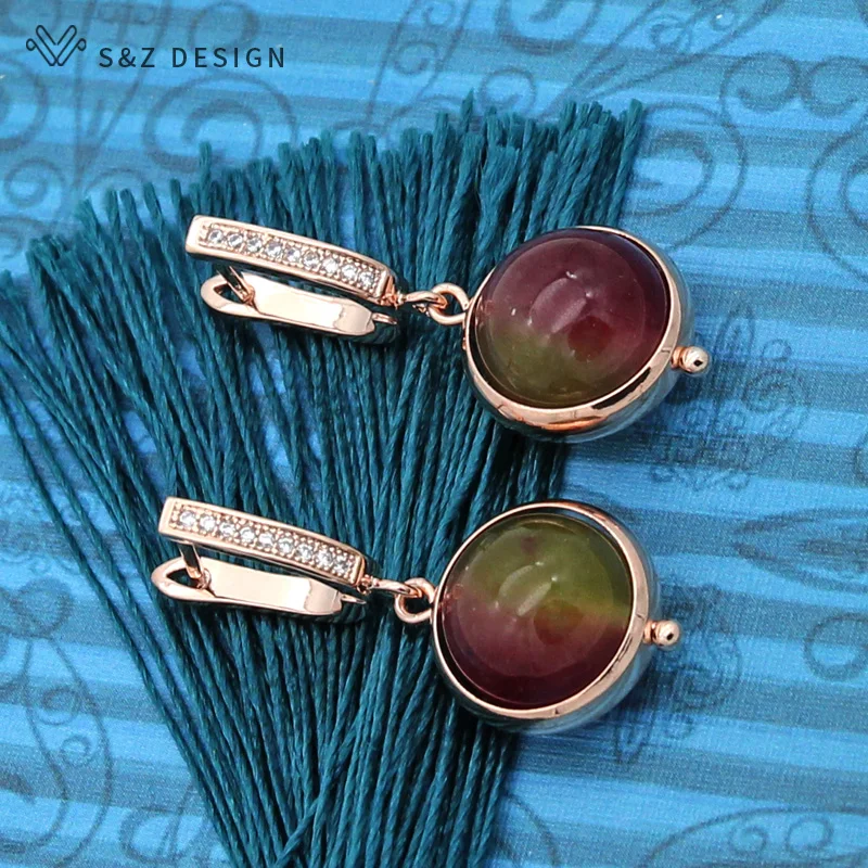S&Z DESIGN New Trendy 585 Rose Gold Color Natural Round Stone Dangle Earrings For Women Girl Daily Accessories Jewelry