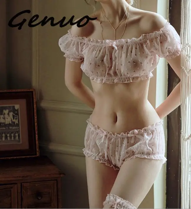 

Genuo Women Sheer Stars Ultra-thin Gauze Ruffles Off Shoulder Sleeve Tops Shorts Leg Ring Underwear Set Temptation Sexy Pajamas