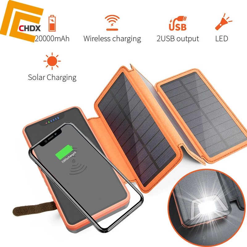 

CHDX 20000mah Solar Charger USB Power Bank Solar Panel Wireless Charger for Mobile Phone Pad USB Charger New