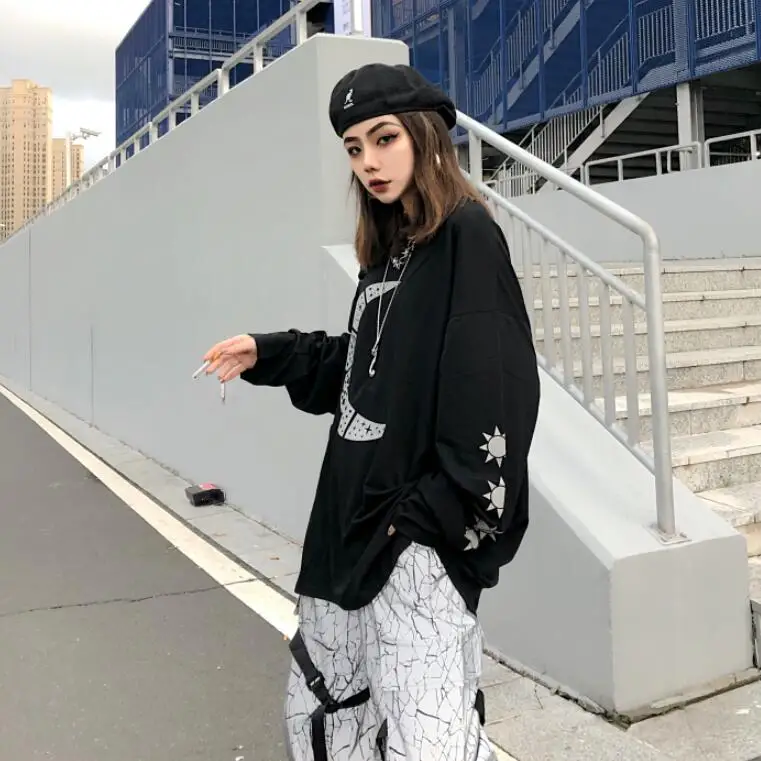Осень; Новинка; футболка с надписью «i личность Harajuku с принтом, с длинными свободными рукавами рукав футболка