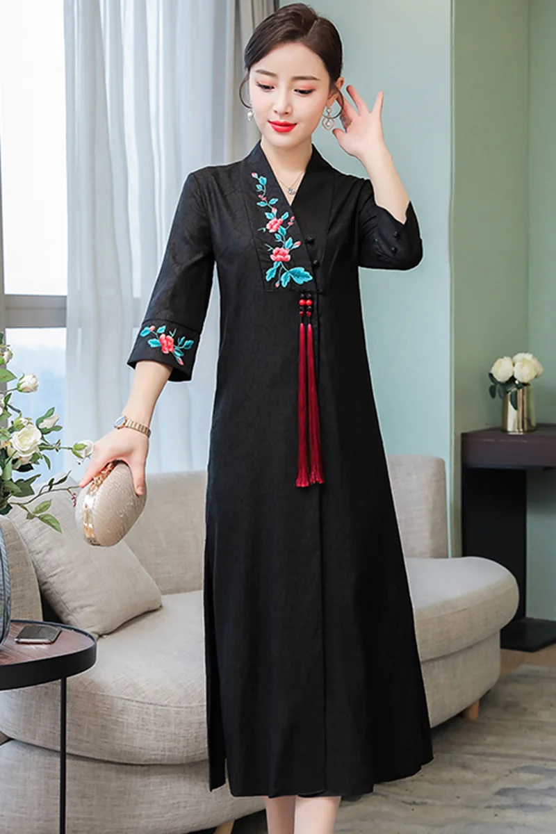 Традиционное китайское женское платье cheongsam, Восточное длинное платье с цветочной вышивкой и v-образным вырезом, улучшенное qipao vestidos aodai