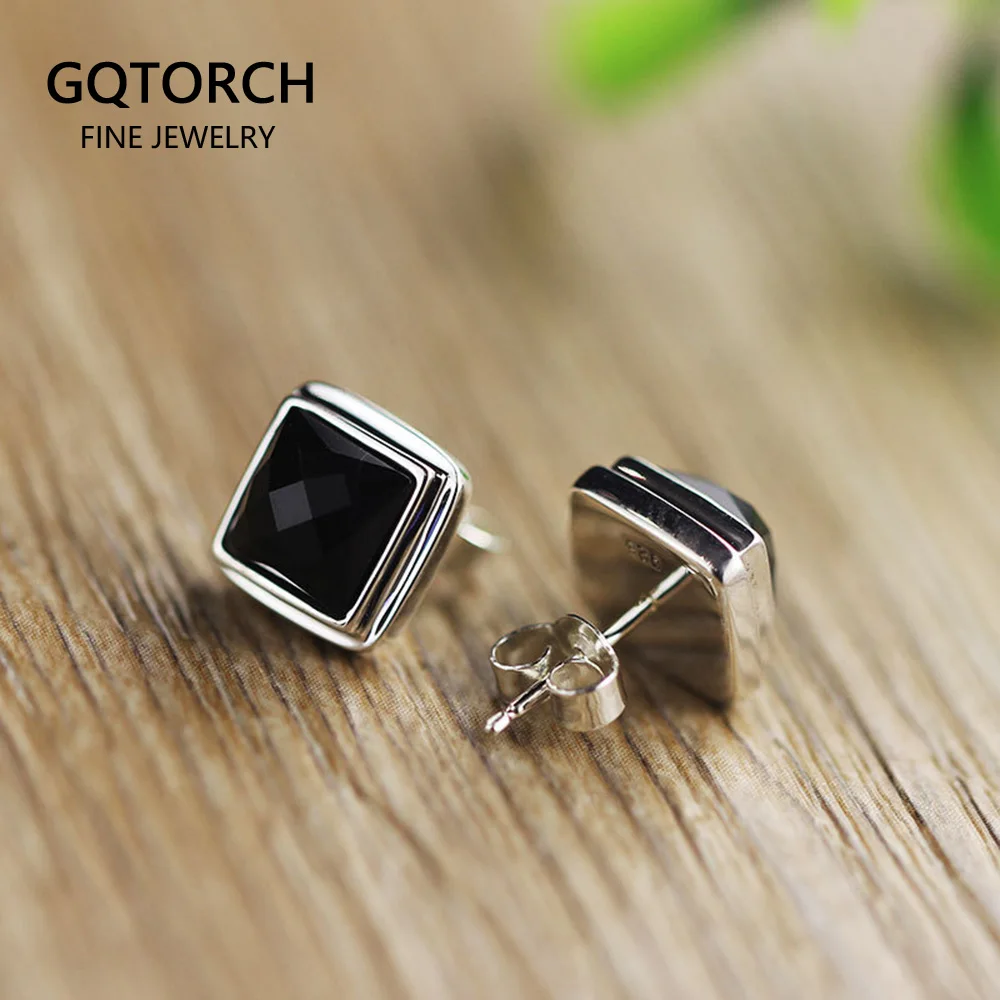 Real Solid 925 Sterling Silver Square Stud Earrings For Men With Natural Faceted Black Onyx