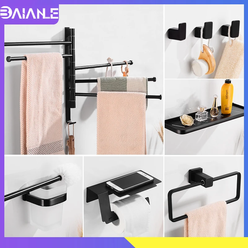 

Towel Holder Black Aluminum Towel Rack Hanging Holder Towel Bar Brush Robe Hook Bathroom Shelf Organizer Toilet Paper Holder