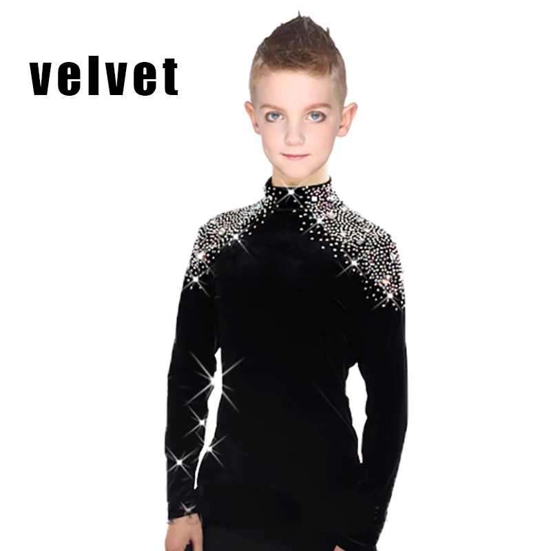 Black Velvet Новинка, рубашки для бальных танцев, латинских танцев, для мальчиков и мужчин, корейский бархат, длинный рукав, для взрослых, одежда для выступлений, топы для соревнований, DN1579 - Цвет: Black Velvet